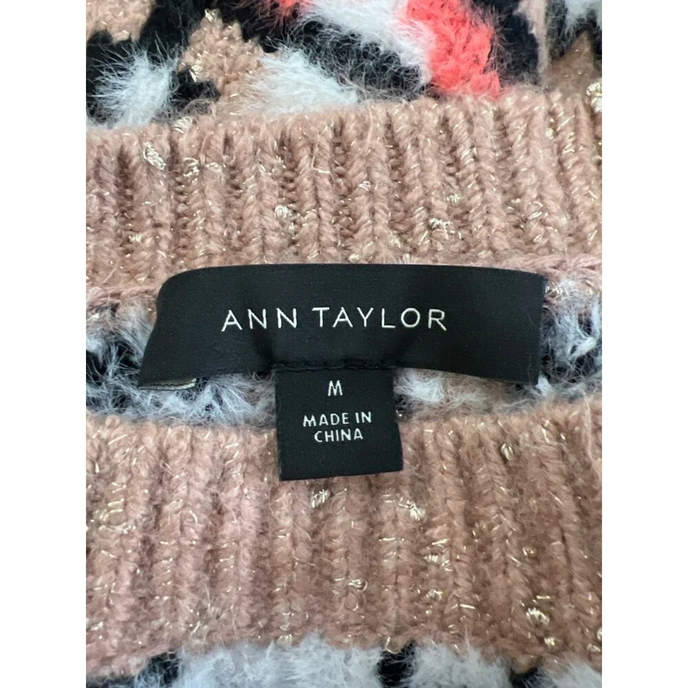 Ann Taylor Women's Pink/White Fair Isle Jacquard Fuzzy Long Sleeve Sweater - M